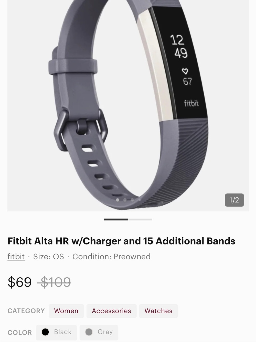 fitbit Alta HR Fitness Tracker in Gray Lavendar/Grey Band